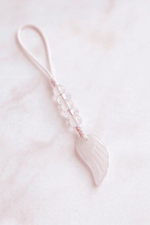 ローズクォーツストラップ　紅水晶ストラップ　羽根