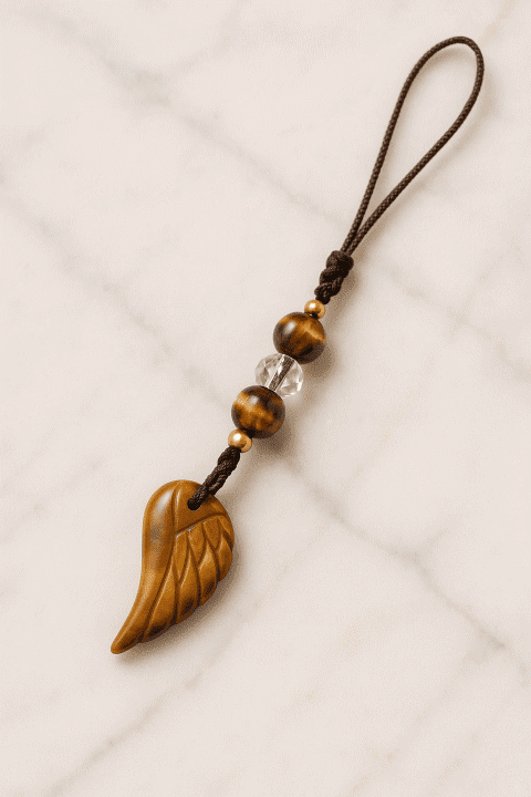 タイガーアイストラップ　虎目石ストラップ　羽根