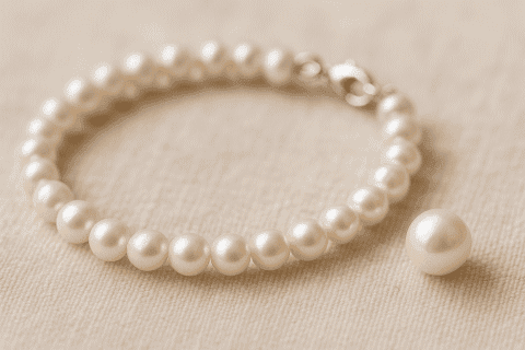パールのブレスレットと真珠のアップ｜上品で柔らかな輝きを放つ癒しのストーン