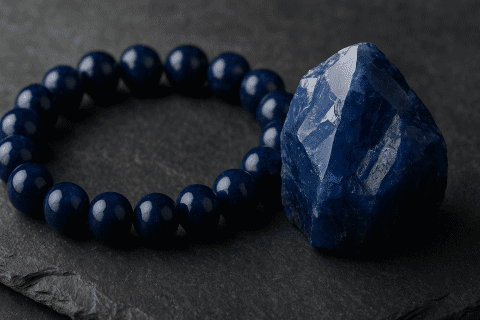 深いブルーのサファイア原石とブレスレット／誠実と真実を象徴する高貴な宝石