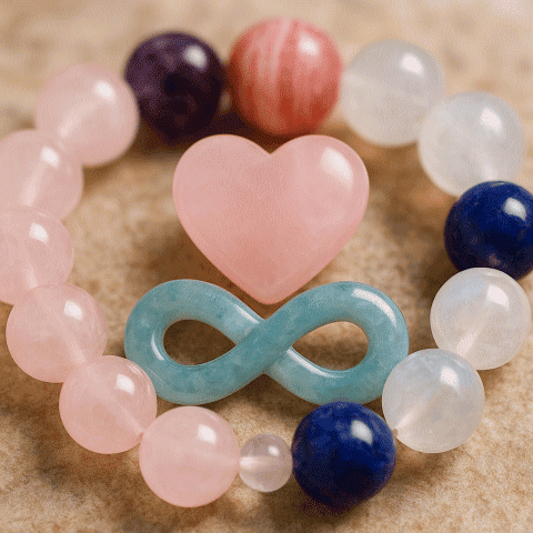ローズクォーツのハートと無限大モチーフを中心に、良縁に効果のあるパワーストーンを並べたブレスレット