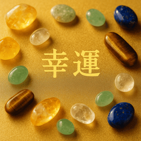 金色の背景にシトリンやアベンチュリン、タイガーアイなどの幸運のパワーストーンが散りばめられ、中央に「幸運」の文字が配置されたデザイン