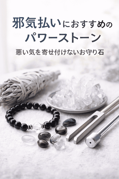 邪気払いにおすすめのパワーストーンとホワイトセージ・浄化道具のイメージ画像