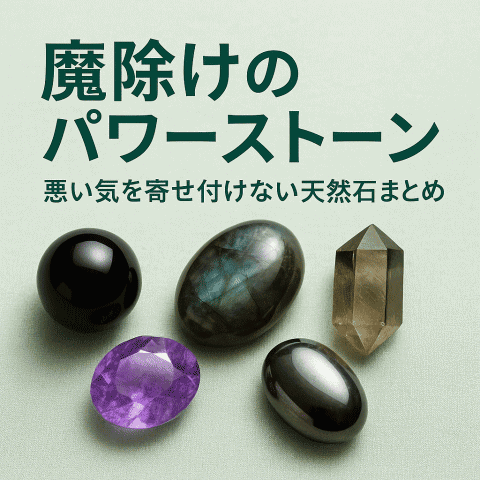 魔除けに使われるオニキス・ラブラドライト・スモーキークォーツ・アメジスト・ヘマタイトが並んでいる様子