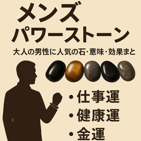 メンズ パワーストーンとして人気のオニキス・タイガーアイ・ヘマタイトなどが並び、仕事運・健康運・金運のテーマを示している様子
