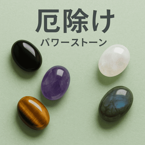 厄除けに使われるオニキス・アメジスト・タイガーアイ・ムーンストーン・ラブラドライトが並んでいる様子